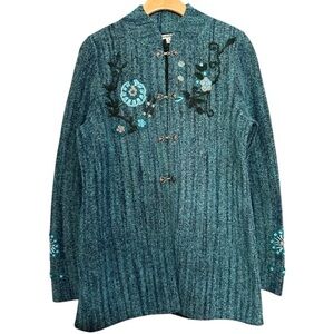 NorthStyle Sz S Turquoise Blue Cotton Alpaca Blend Embroidered Cardigan Sweater
